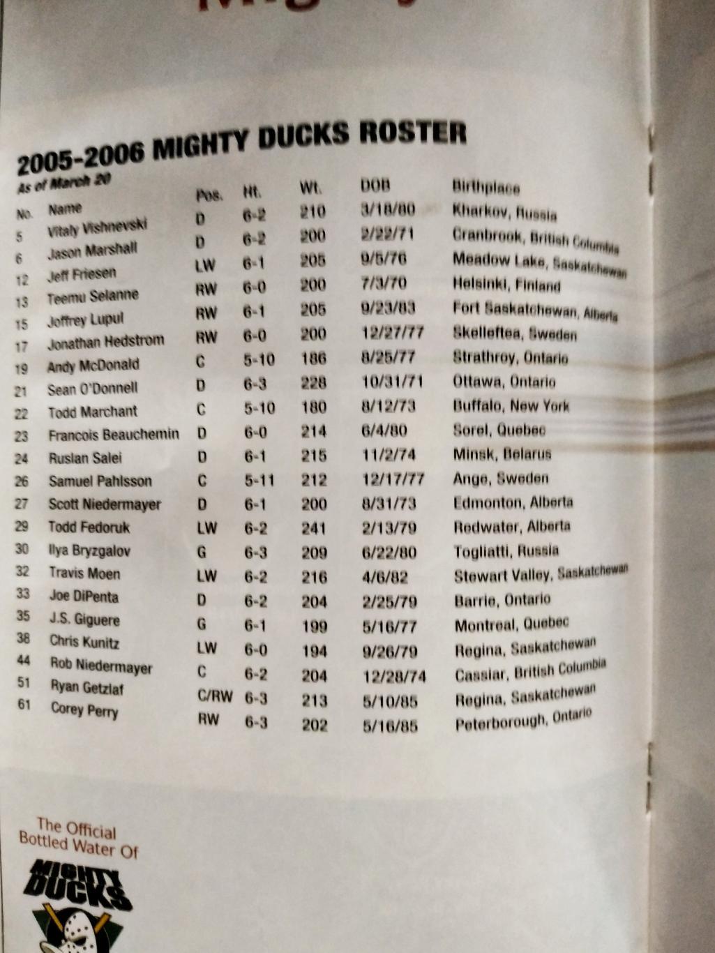 ПРОГРАММА МАТЧА НХЛ ДАКС NHL 2006 MAR.24 MIGHTY DUCKS VS. NASHVILLE PREDATORS 2