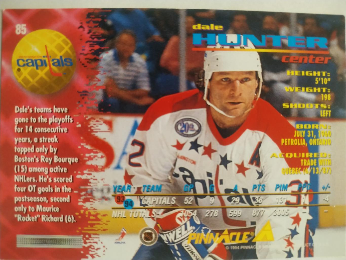 ХОККЕЙ КАРТОЧКА НХЛ PINNACLE 1994-95 NHL DALE HUNTER WASHINGTON CAPITALS #85 1