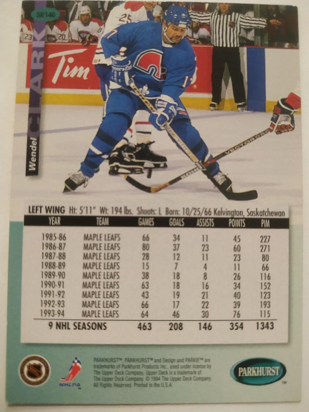 ХОККЕЙ КАРТОЧКА НХЛ PARKHURST 1994-95 NHL WENDEL CLARK QUEBEC NORDIQUES #SE146 1