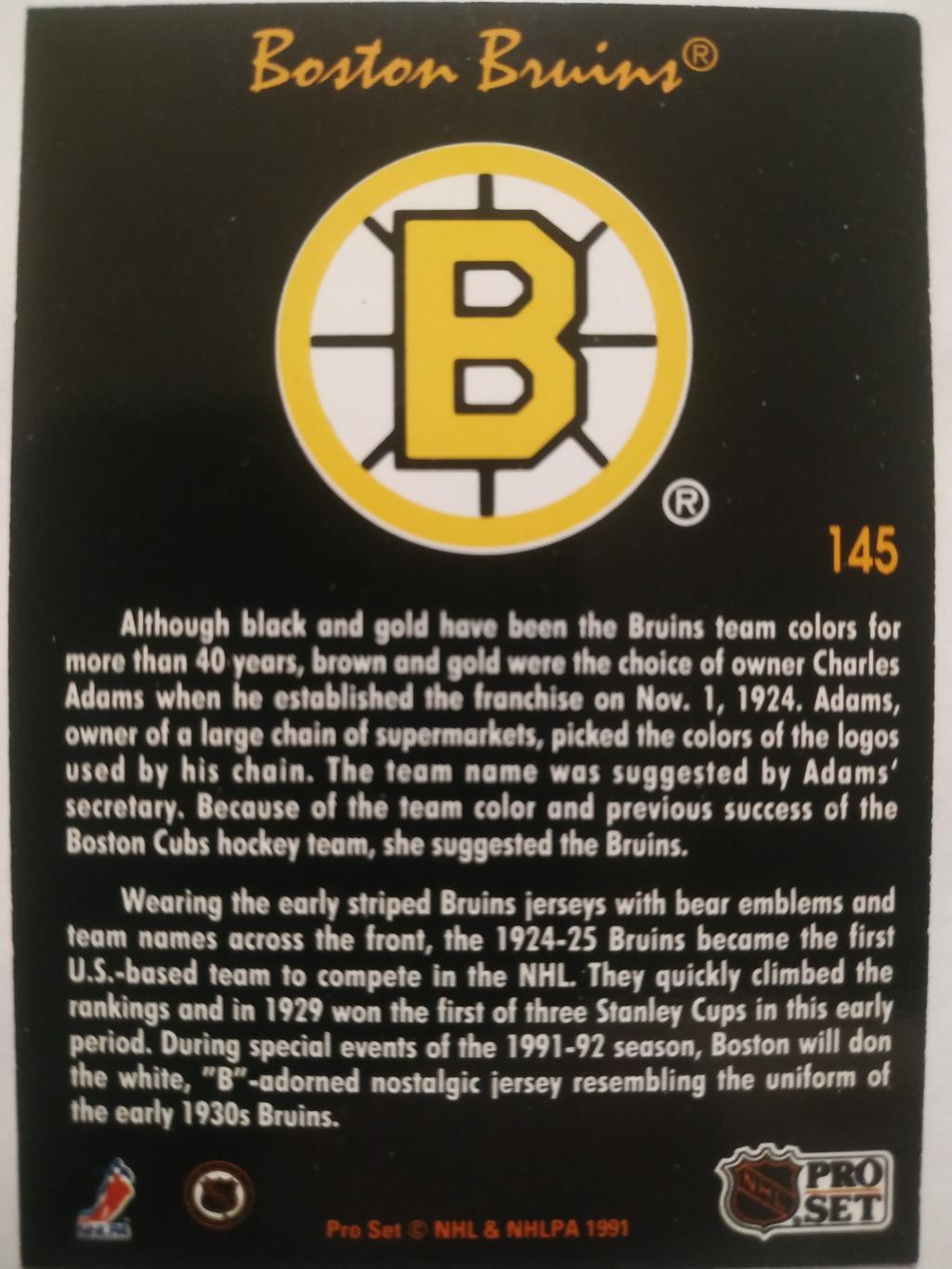 ХОККЕЙ КАРТОЧКА НХЛ PRO SET PLATINUM 1992 NHL BOSTON BRUINS #145 1