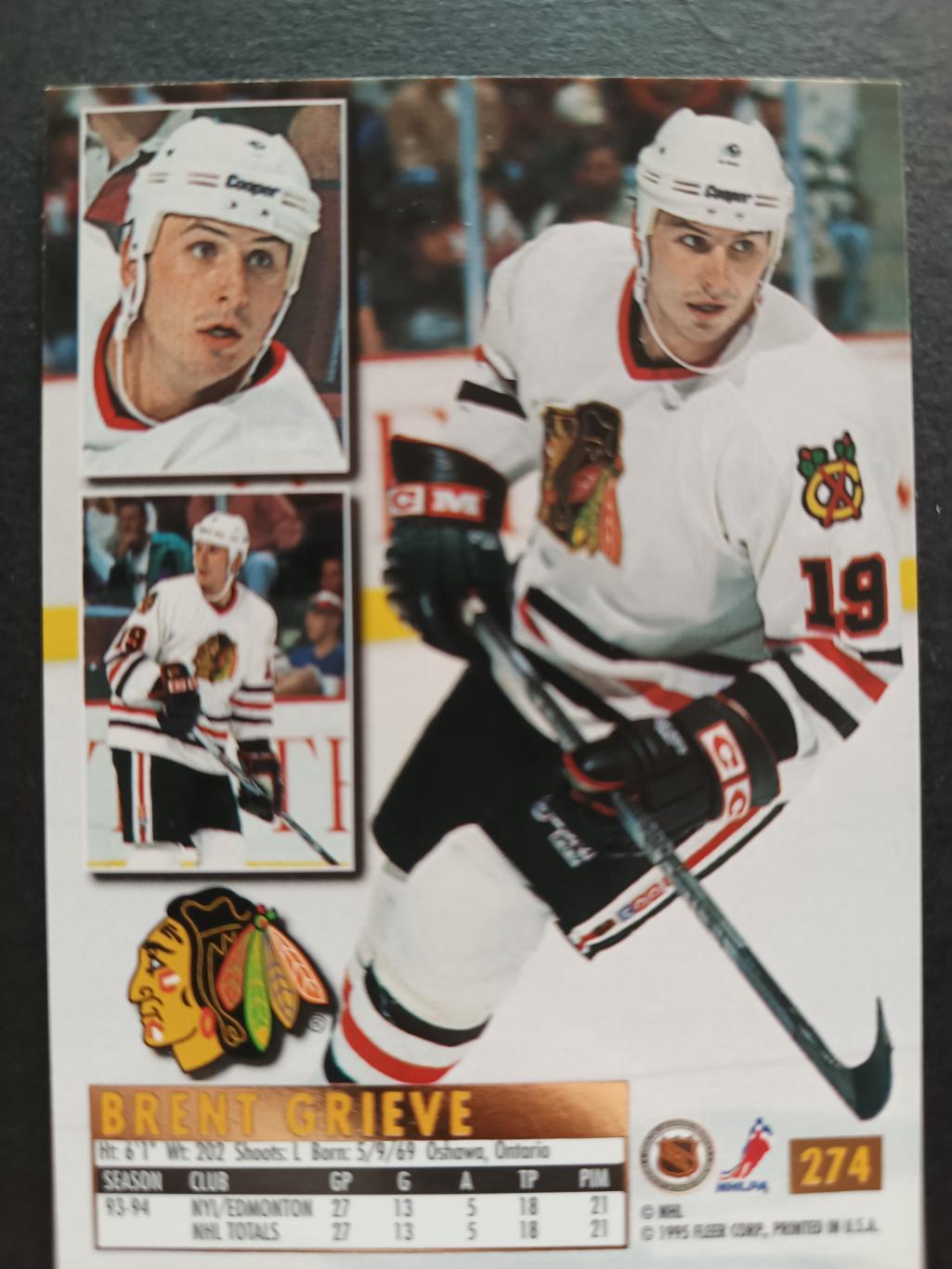 ХОККЕЙ КАРТОЧКА НХЛ FLEER ULTRA 1994-95 NHL BRENT GRIEVE BLACK HAWKS #274 3