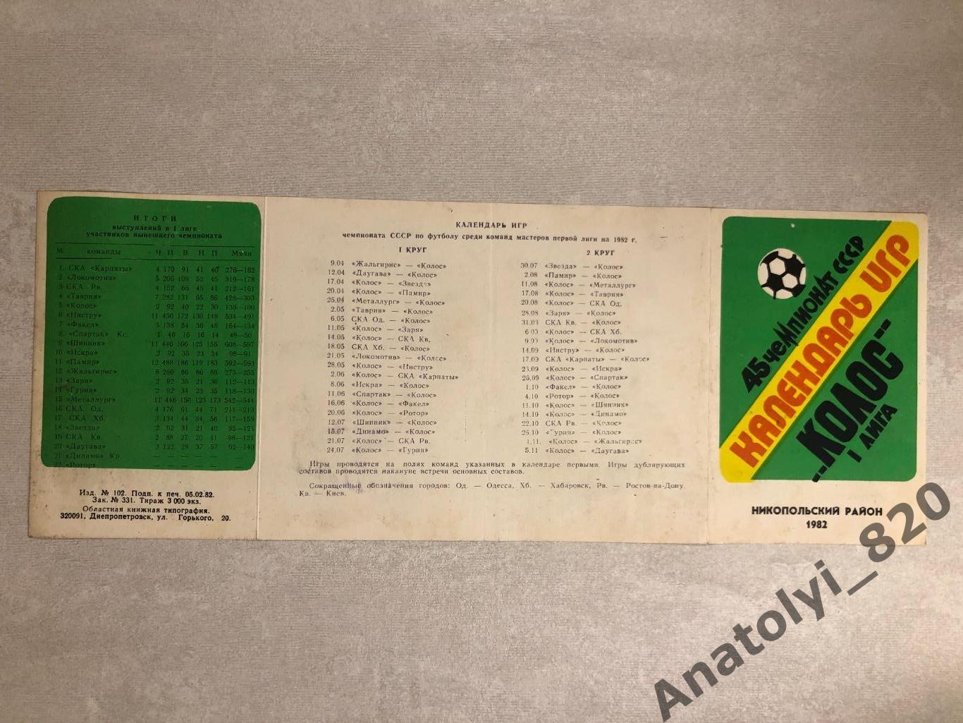 Колос Никополь, календарь игр 1982 года
