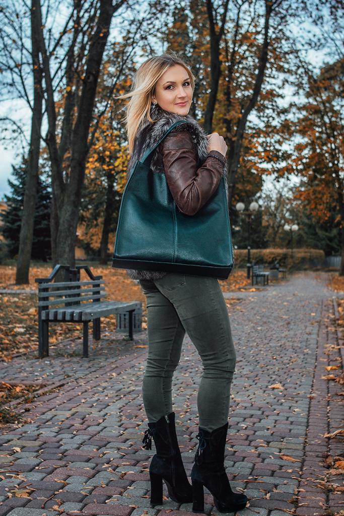 Женская кожаная сумка-шопер 12 зелёный флотар.