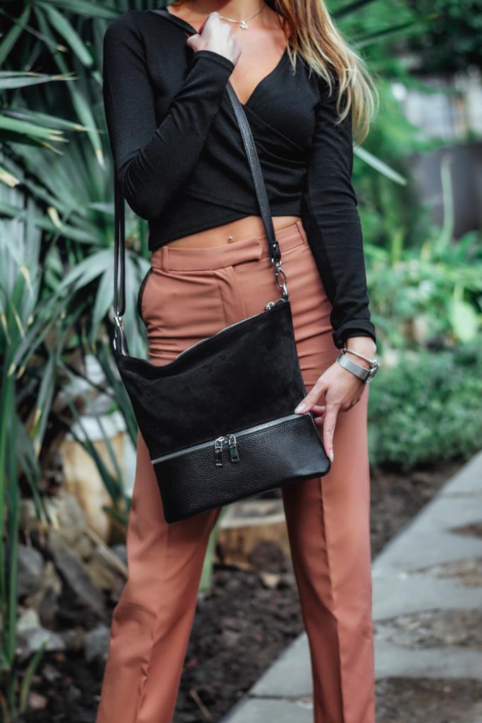 Женская сумочка из натуральной кожи кросс-боди чёрный/замшМ42.