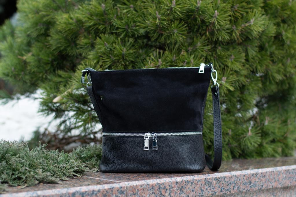 Женская сумочка из натуральной кожи кросс-боди чёрный/замшМ42. 2
