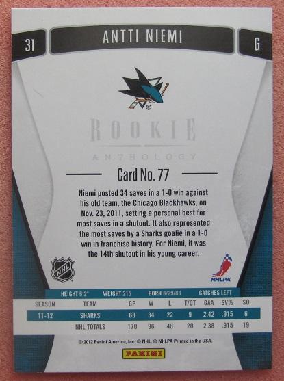 НХЛ Антти Ниеми Сан-Хосе Шаркс № 77 1