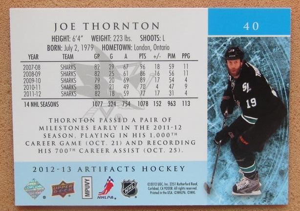 НХЛ Джо Торнтон Сан-Хосе Шаркс № 40 1