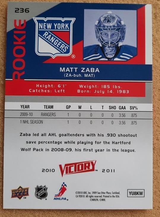 НХЛ Мэтт Заба Нью-Йорк Рейнджерс № 236 1