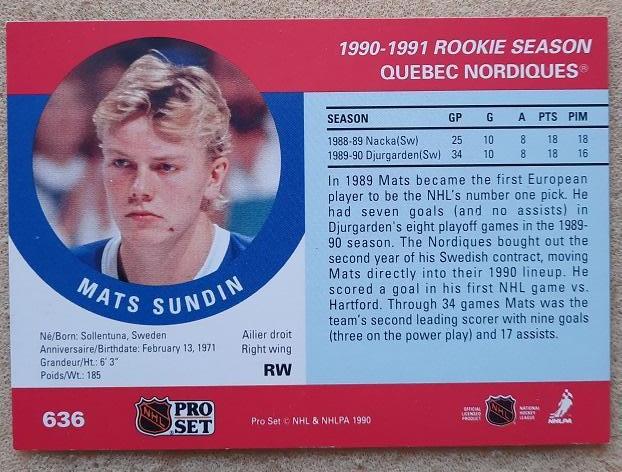 НХЛ Матс Сундин Квебек Нордикс № 636 1