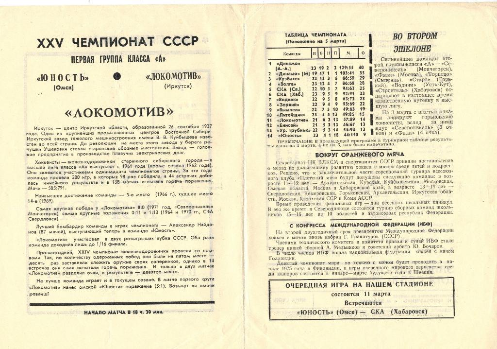 Юность (Омск) - Локомотив (Иркутск) 7 марта 1973 1