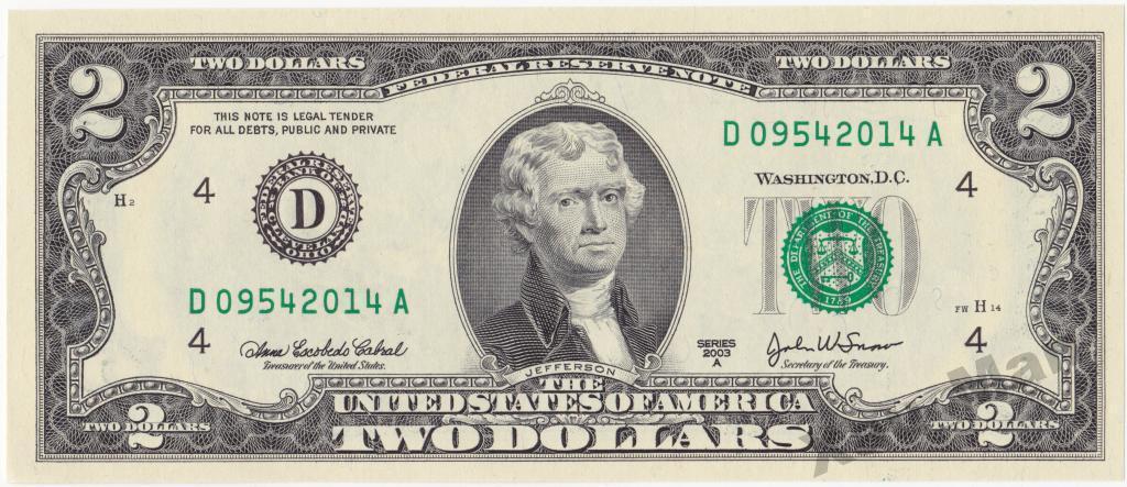 2$ доллара 2003 г. UNC Номер - Год рождения 2014г
