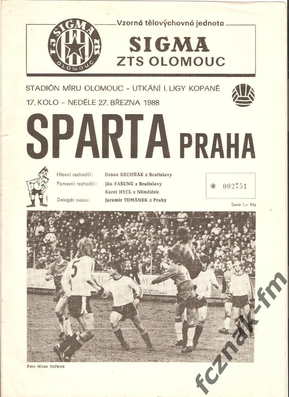 Чехословакия Сигма Оломоуц Спарта Прага Sigma Olomouc Sparta Praha 1988