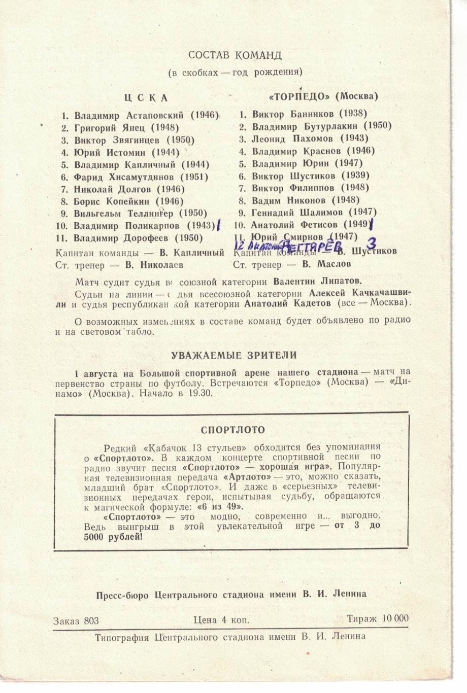 ЦСКА - Торпедо Москва 28.07.1972 Кубок СССР 1/2 финала 1