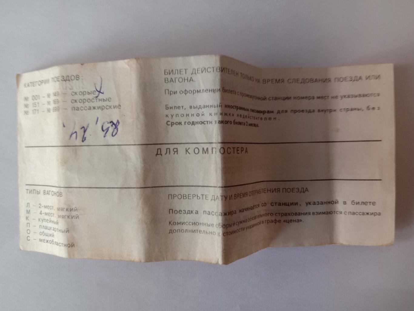 Железнодорожный билет. Москва - Ижевск. 1994 год. 1