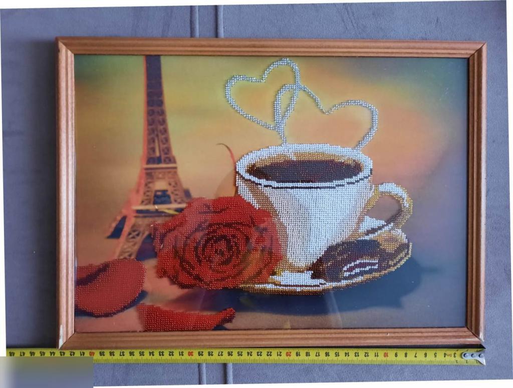 Картина, Вышитая Бисером, Вышивка, Розы, Цветы, Цветок, Эйфелева Башня, Кофе, Париж, 430х300 мм.
