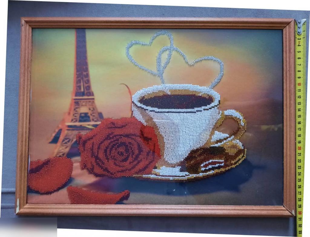 Картина, Вышитая Бисером, Вышивка, Розы, Цветы, Цветок, Эйфелева Башня, Кофе, Париж, 430х300 мм. 1