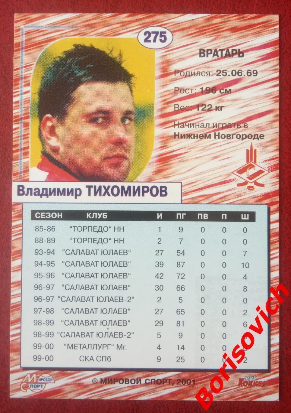 Владимир Тихомиров Спартак Москва Российский хоккей Сезон 2000-2001 N 275. 2 1