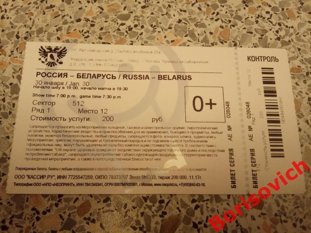 Билет Россия - Беларусь 30-01-2018