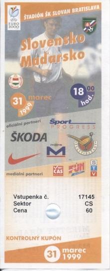 билет сб. Словакия-Венгрия 1999 отбор на ЧЕ-2000 / Slovakia-Hungary match ticket