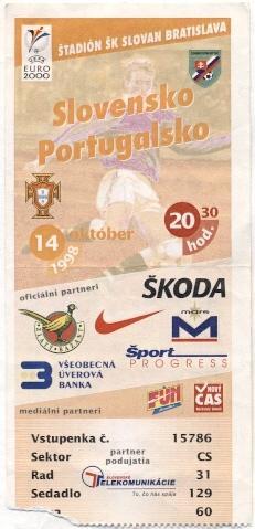билет сб. Словакия-Португалия 1998а отб.ЧЕ-2000 / Slovakia-Portugal match ticket