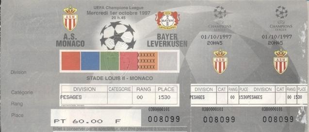 билет Монако/AS Monaco France/Франц.-Байер/Bayer Germany/Герм.1997a match ticket