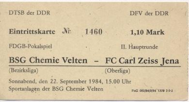 билет ГДР DDR-Pokal Chemie Velten-FC Carl Zeiss 1984 Eintrittskarte match ticket