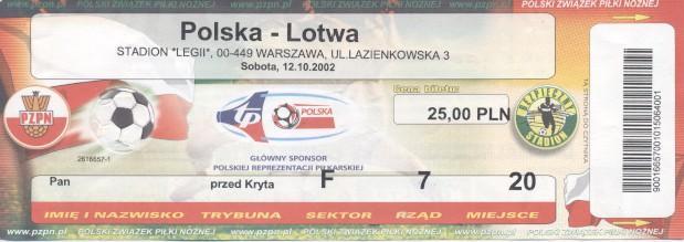 білет зб.Польща-Латвія 2002b відбір ЧЄ-2004 /Poland-Latvia football match ticket