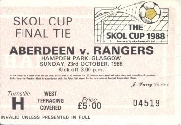 білет Шотландія Scotland 1988 Aberdeen-Gla.Rangers League Cup final match ticket