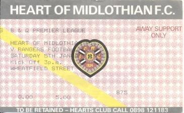 білет Шотландія Scotland League 1991 Heart of Midlothian-Rangers match ticket