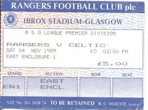 білет Шотландія Scotland Premier League 1989 Glasgow Rangers-Celtic match ticket
