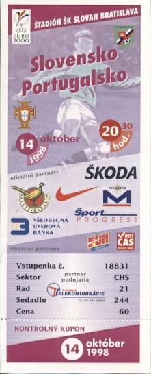білет зб.Словаччина-Португалія 1998 відб.ЧЄ-2000 /Slovakia-Portugal match ticket