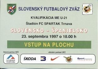 білет зб.Словаччина-Іспанія 1997b молодіж./Slovakia-Spain U21 match press ticket