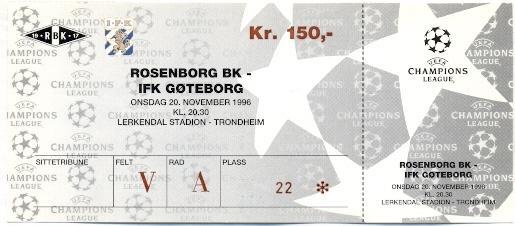 білет Rosenborg BK Norway/Норвегія-IFK Goteborg Sweden/Швеція 1996 match ticket