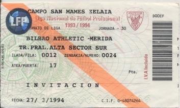 білет Іспанія Campeonato Espana Athletic Bilbao-Merida 1994 entrada match ticket