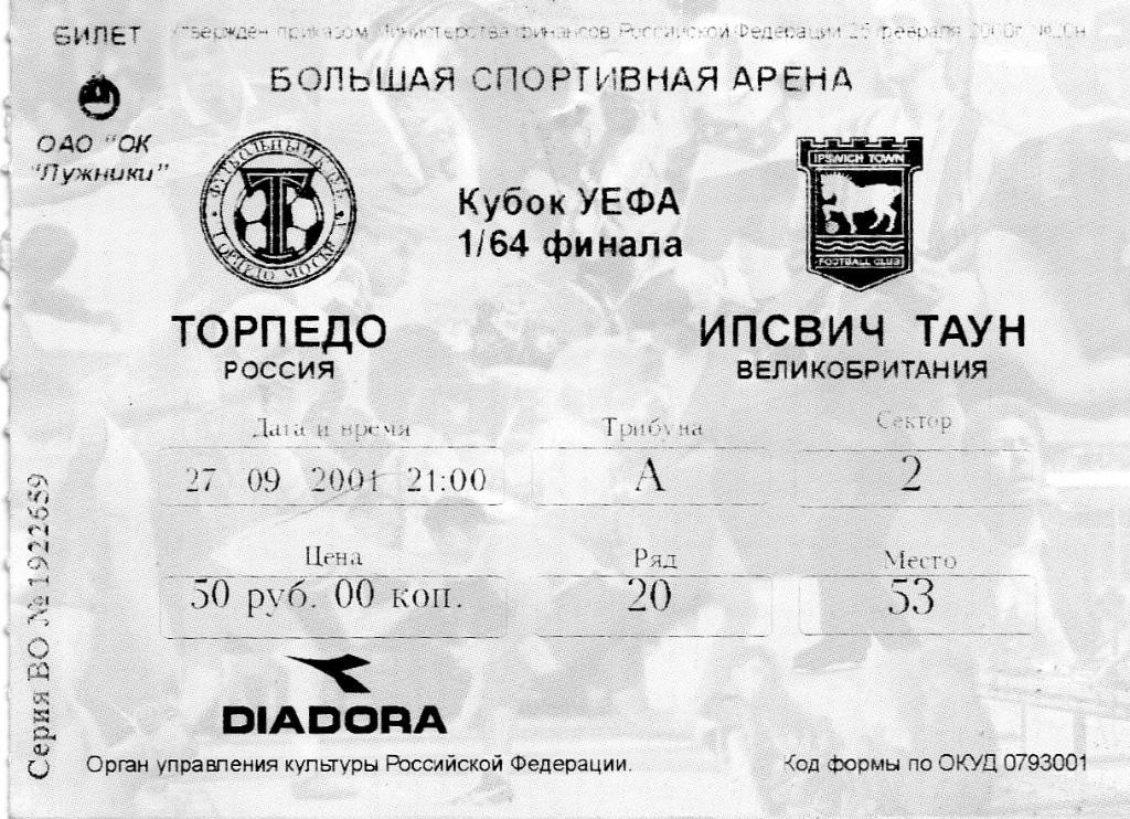 Торпедо Москва , Россия - Ипсвич Таун Англия 2001