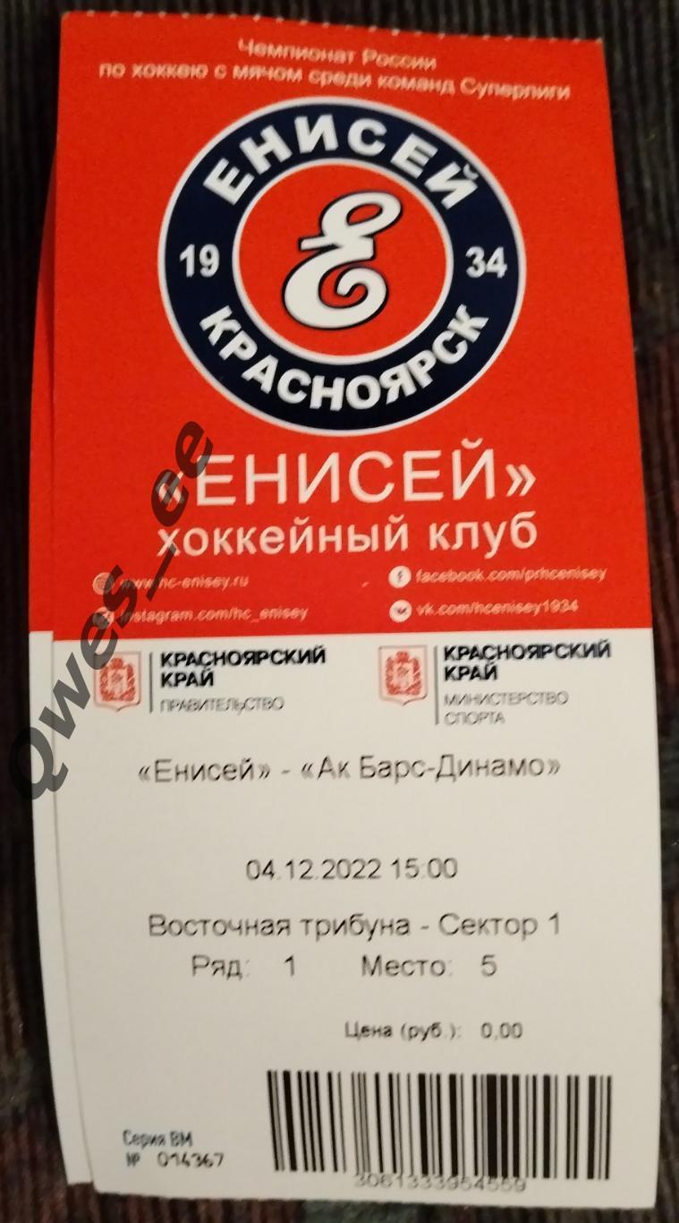 Билет хоккей с мячом Енисей Красноярск АК Барс-Динамо Казань 4 декабря 2022