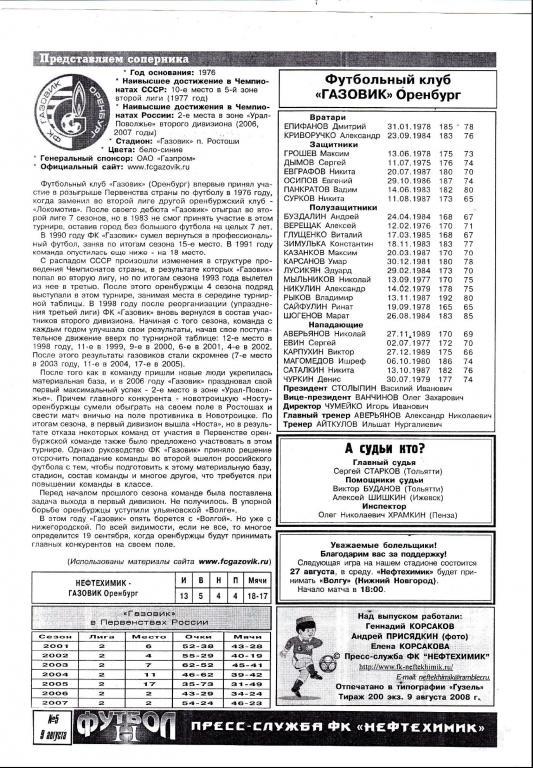 Нефтехимик (Нижнекамск) - Газовик (Оренбург) 09.08.2008