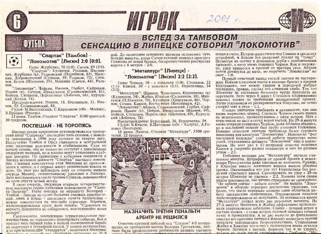 Отчет Матчей Локомотив (Лиски) 2001