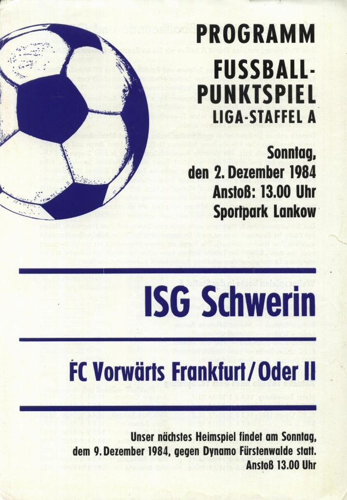 ISG _Schwerin v Vorwarts-2 Frankfurt-O. 02. 12._1984 liga staffel A _DDR