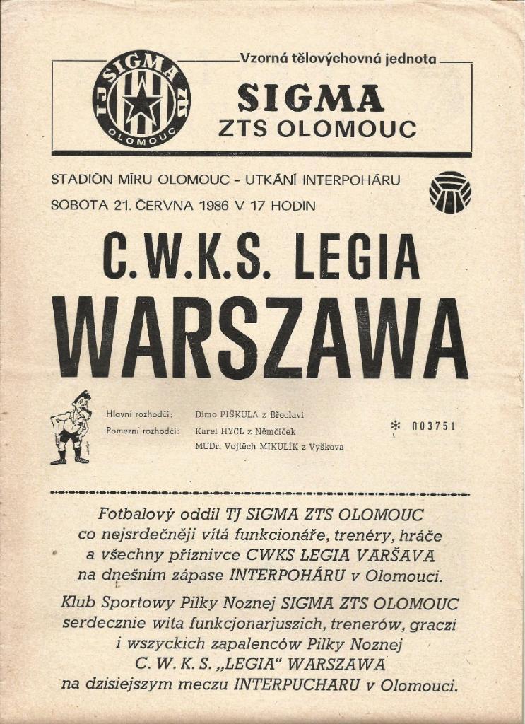 Sigma Olomouc, CSSR v Legia Warszawa, Polska _21.06._1986_interpohar