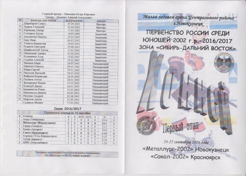 Металлург-2002(Новокузнецк) - Сокол-2002(Красноярск) - 2016/17