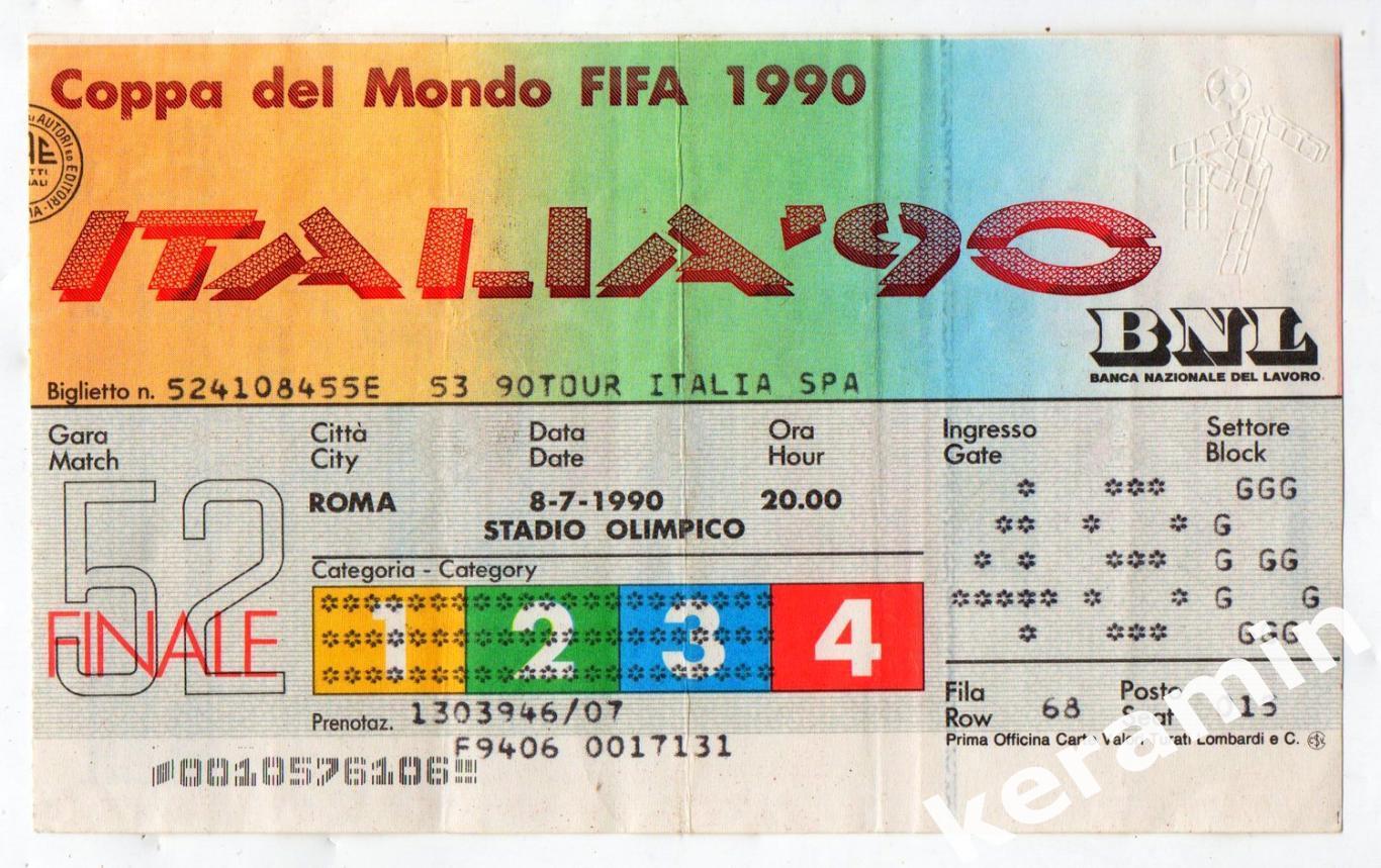 Билет финал чемпионата мира по футболу 1990.