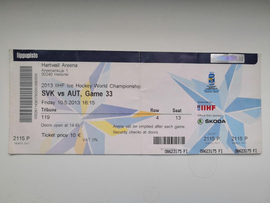Хоккей. Билет. Словакия - Австрия - 10.05.2013 ЧМ