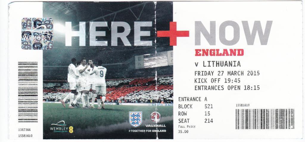 билет. Англия - Литва 2015