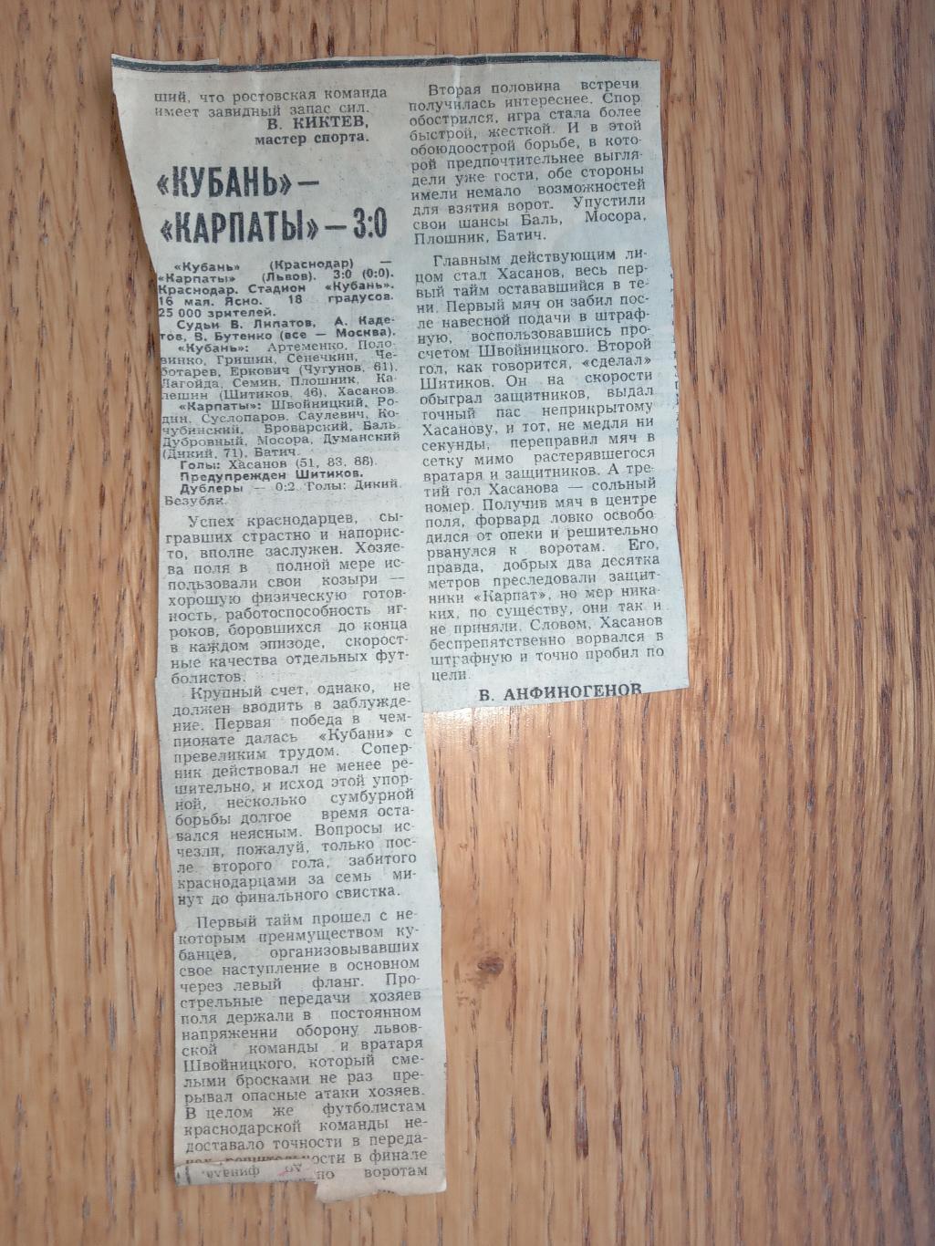 Звіт матчу Кубань Краснодар - Карпати Львів. 16.05.1980.м.