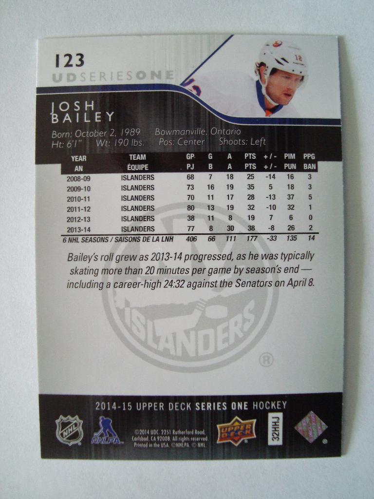 Карточка. НХЛ. Джош Бейли ( NY Islanders ) 1