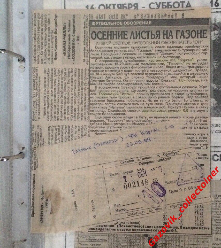 «Газовик» (Оренбург) — «Курган», 23.09.1999 - билет + 2 отчёта
