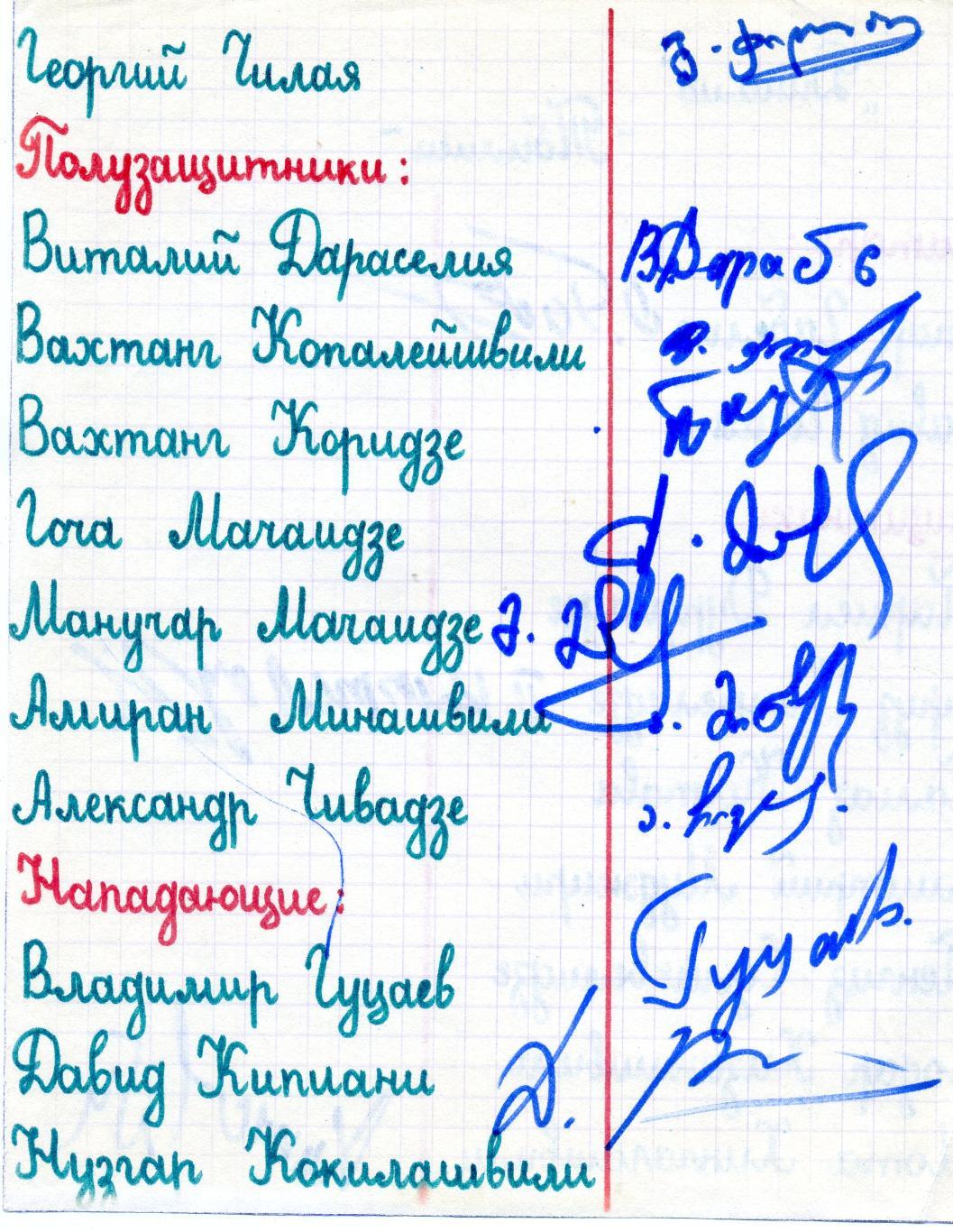 Автографы Динамо Тбилиси 1979 Кипиани Дараселия Шенгелия Ахалкаци Гуцаев Чивадзе 1