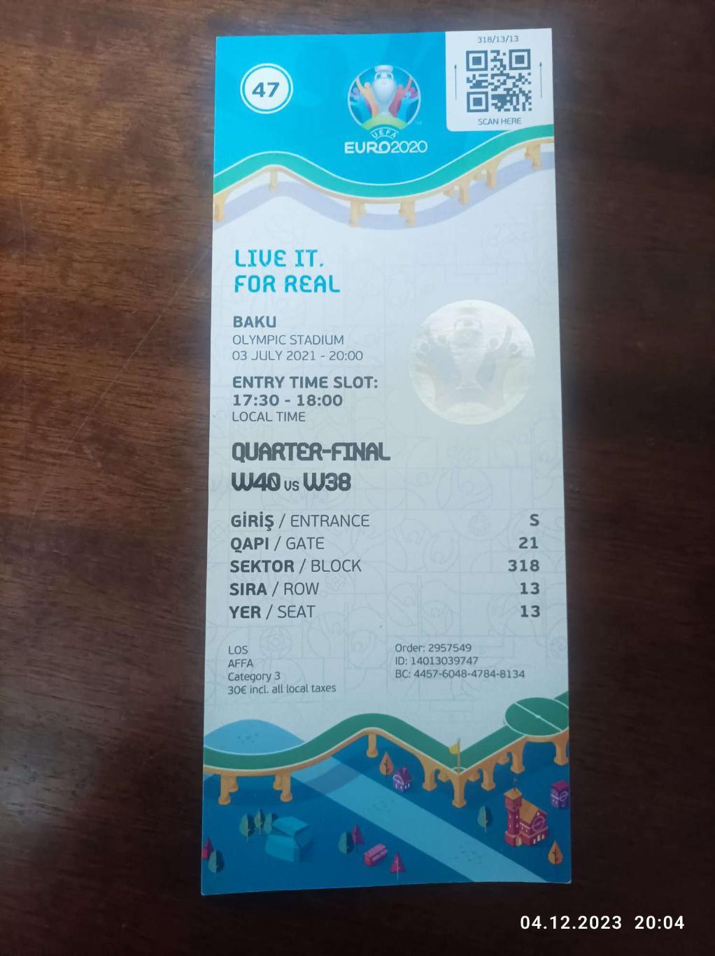 Билет Чехия - Дания - 3.07.2021 - ЕВРО EURO 2020 - Баку