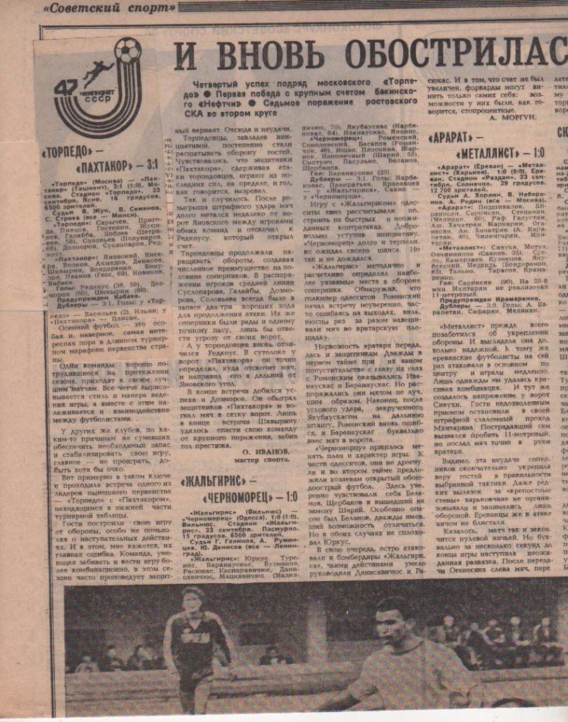 статьи футбол №388 отчеты о матче Торпедо Москва - Пахтакор Ташкент 1984г.